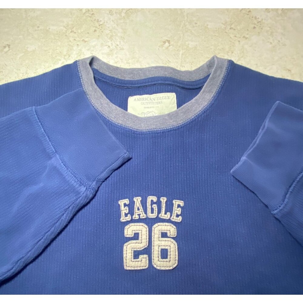 American Eagle 26 Logo Blue Long‎ Sleeve Shirt Crewneck Ribbed Mens XL *SIZE*